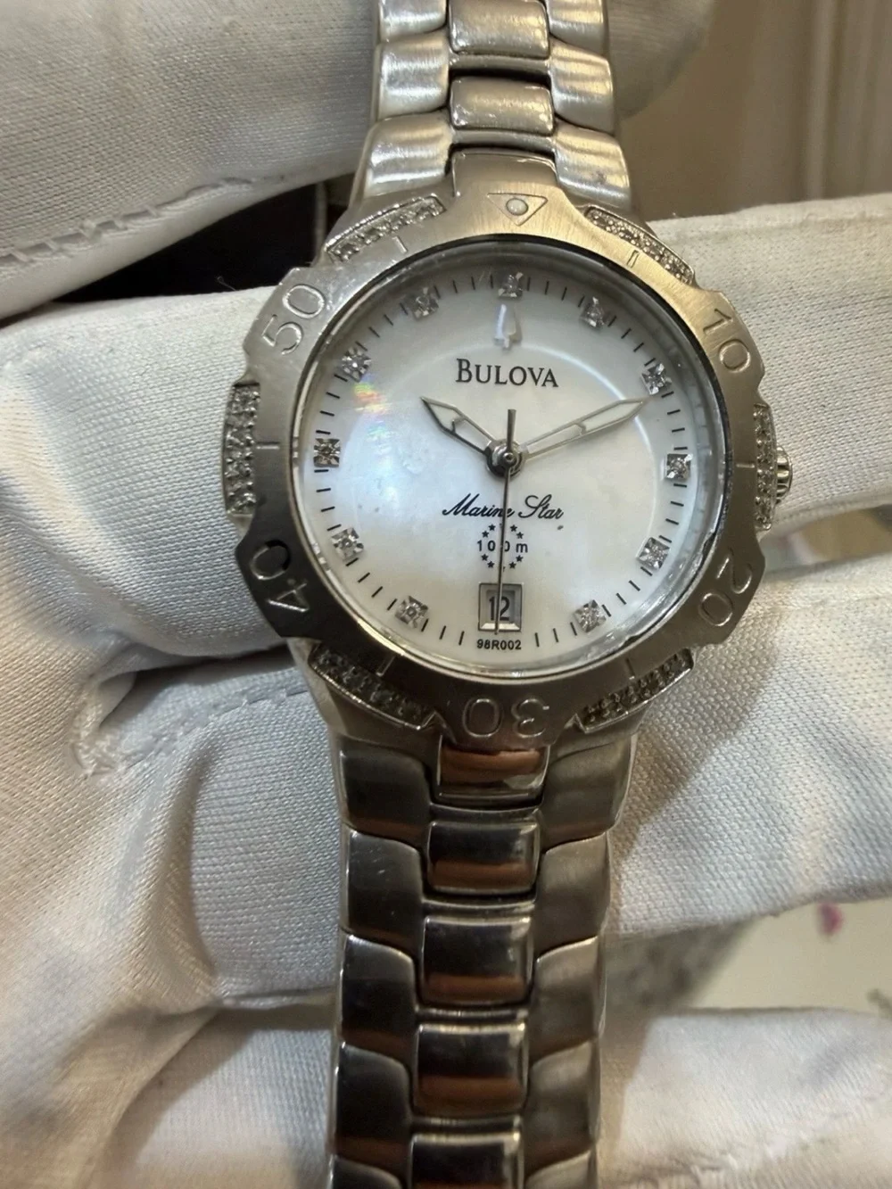 Bulova Marine Star 96R002 Womens Diamond Watch Mother of Pearl Stainless Steel